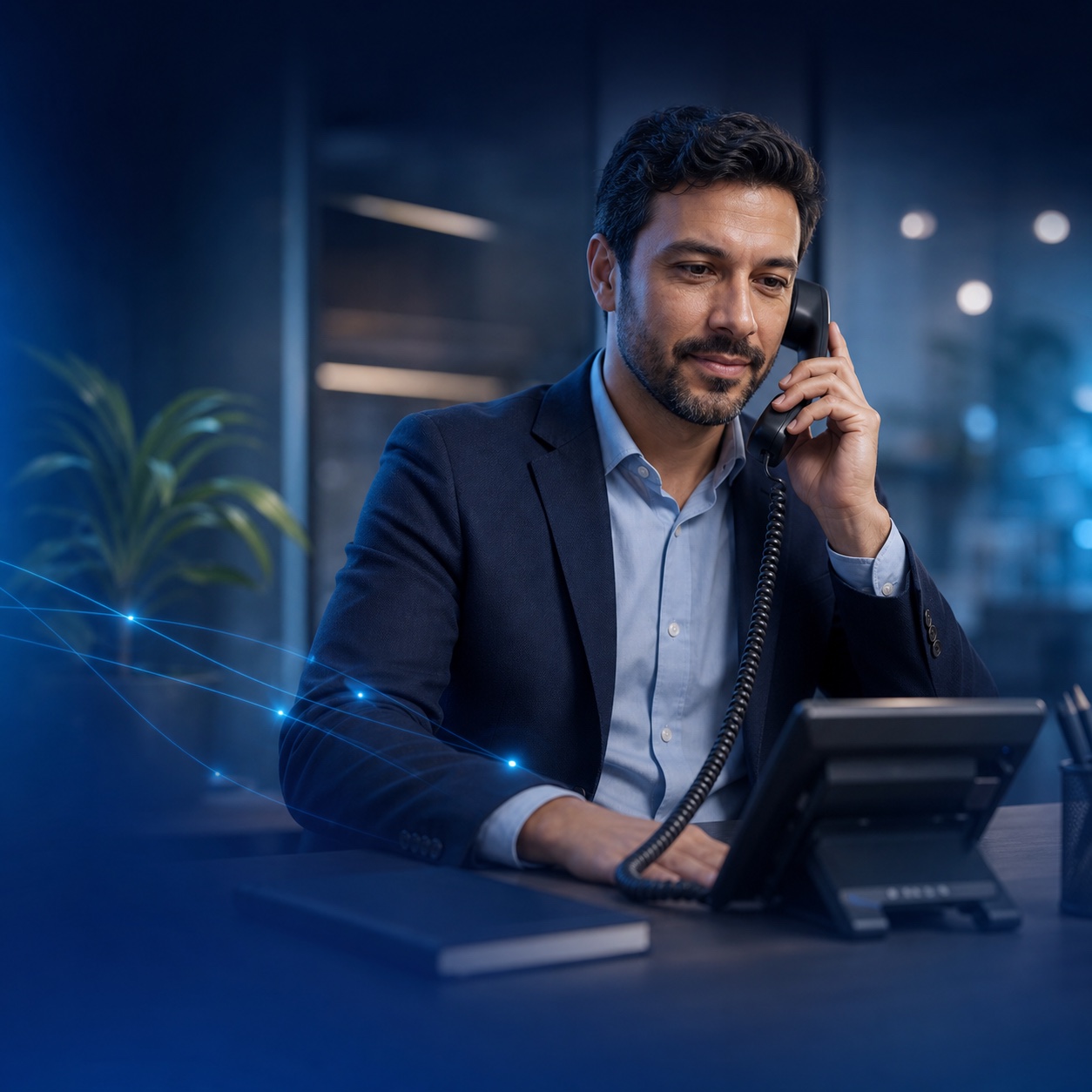 Usuário corporativo falando em telefone de mesa com acentos visuais da RedT Voice