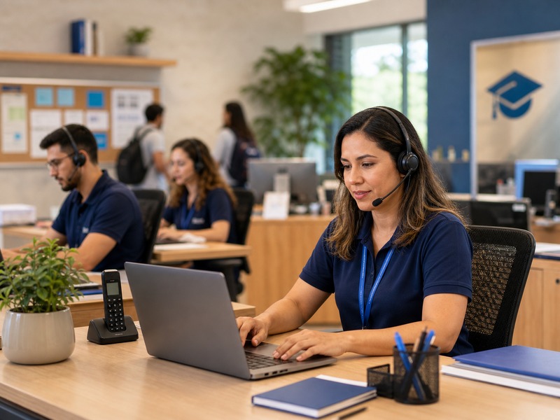 Coordenadora indígena brasileira de educação com headset e telefone corporativo organizando documentos de matrícula