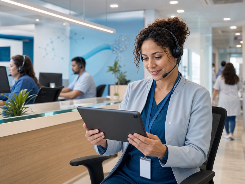Coordenadora de healthcare com headset e telefone corporativo em recepção clínica iluminada