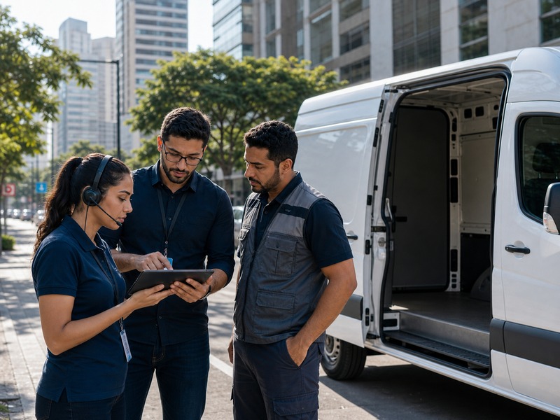 Equipe brasileira de serviços coordenando atendimento e campo em cenário urbano de São Paulo