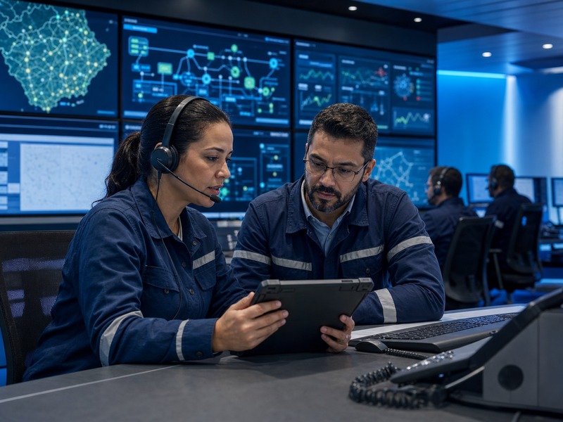 Supervisora de operações essenciais com headset e telefone corporativo revisando despacho técnico