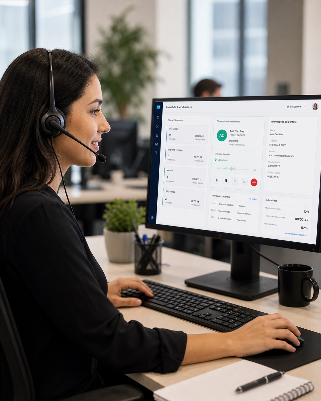 Analista de atendimento com headset operando uma tela de atendimento