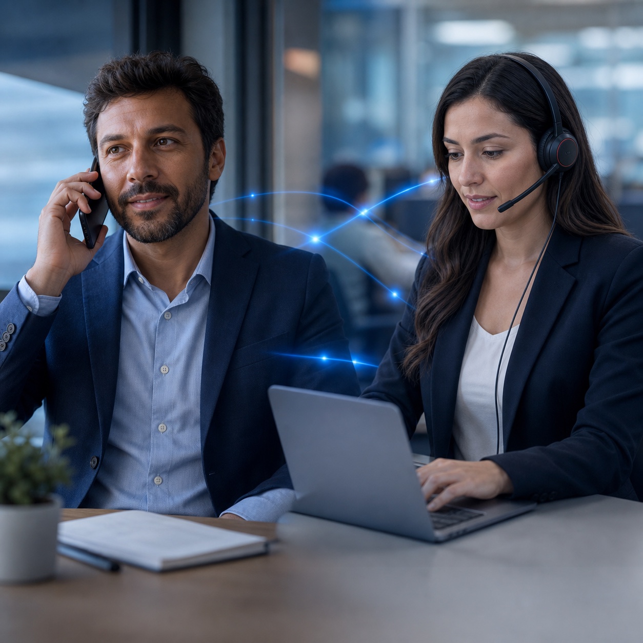 Equipe de campo coordenada por atendimento de voz corporativa