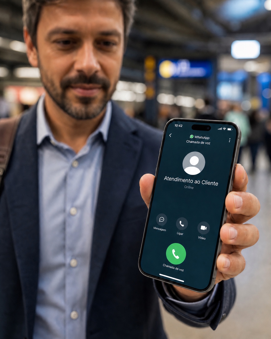 Usuário iniciando chamada de voz pelo WhatsApp em um smartphone